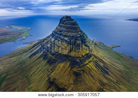 Aerial Drone View Of Kirkjufell Mountain, Iceland