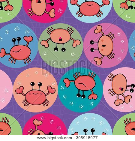 Cute Orange Crab Juggling With Bubbles. Seamless Geometric Multidirectional Vector Pattern With Circ