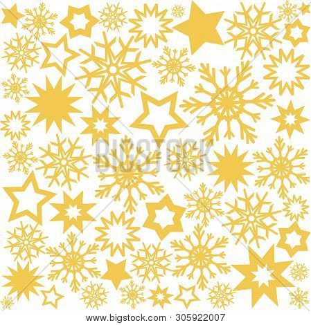 Christmas Design Background With Golden Stars And Snowflakes, Stock Vector Illustration