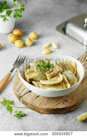Dumplings, Filled With Mashed Potatoes And Liver. Russian, Ukrainian Or Polish Dish: Varenyky, Varen