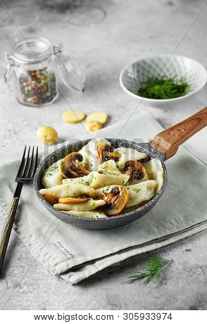 Dumplings, Filled With Mashed Potatoes And Mushrooms. Russian, Ukrainian Or Polish Dish: Varenyky, V