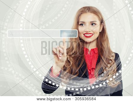 Happy Business Woman Pointing To Empty Address Bar In Virtual Web Browser. Seo, Internet Marketing, 