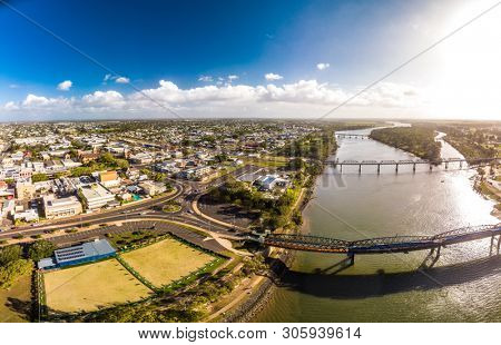 Aerial drone view of central area of Bundaberg, Queensland, Australia