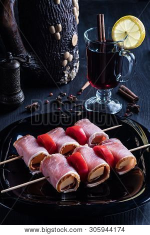 Skewers With Mulled Wine On The Table In Retro Style