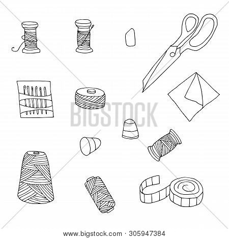 Hand Drawn Sewing Objects Collection. Handicraft Sketch Vector Set.