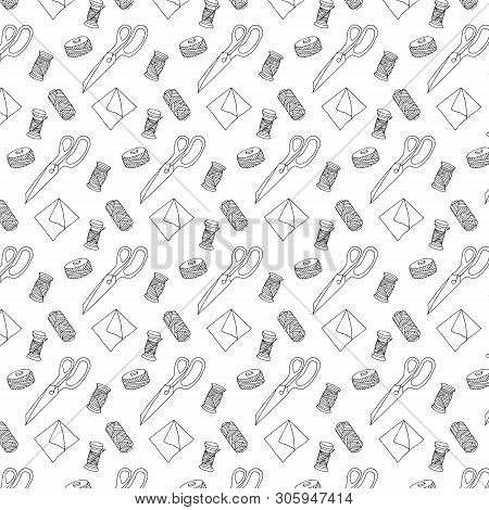 Hand Drawn Sewing Vector Pattern. Handicraft Seamless Background.