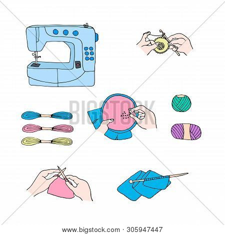 Hand Drawn Sewing Objects Collection.  Handicraft Sketch Set.