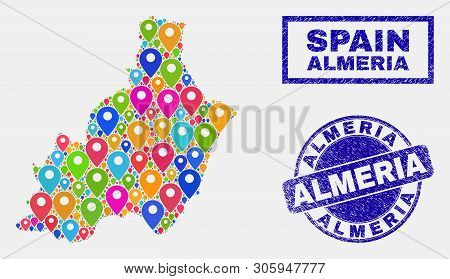 Vector Colorful Mosaic Almeria Province Map And Grunge Stamp Seals. Flat Almeria Province Map Is For
