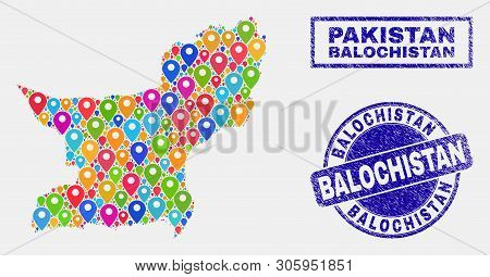 Vector Bright Mosaic Balochistan Province Map And Grunge Stamps. Abstract Balochistan Province Map I