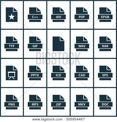 File Icons Set With Presentation, Pdf, Ttf And Other Special Elements. Isolated Vector Illustration 