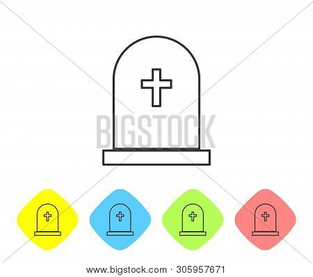 Grey Tombstone With Cross Line Icon Isolated On White Background. Grave Icon. Set Icon In Color Rhom