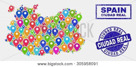 Vector Bright Mosaic Ciudad Real Province Map And Grunge Stamp Seals. Abstract Ciudad Real Province 