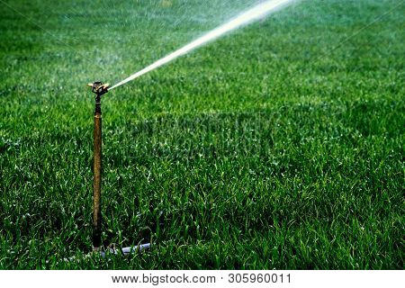 Sprinker irrigation system spraying water on field agricultural