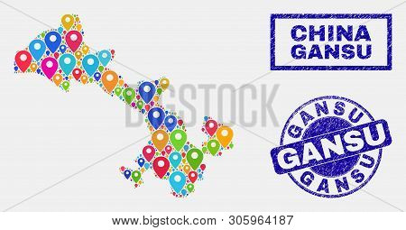 Vector Colorful Mosaic Gansu Province Map And Grunge Stamp Seals. Abstract Gansu Province Map Is For