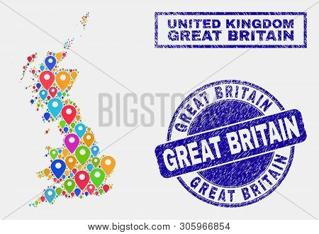 Vector Bright Mosaic Great Britain Map And Grunge Stamp Seals. Abstract Great Britain Map Is Compose