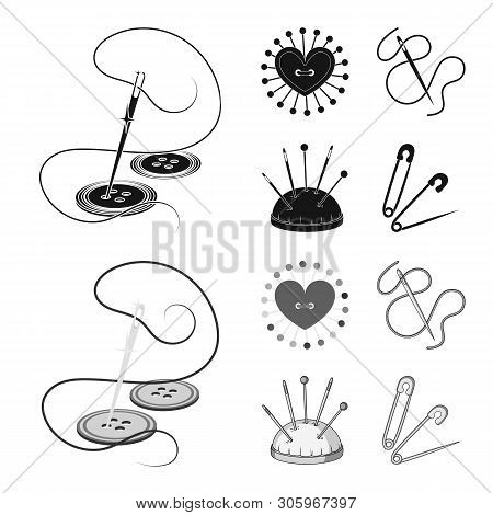 Vector Illustration Of Pin And Sewing Icon. Collection Of Pin And Sketch Vector Icon For Stock.