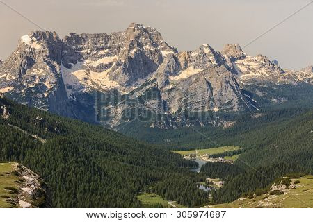 Italy Dolomites. Misurina Lake With The Sorapiss Mountain In The Background