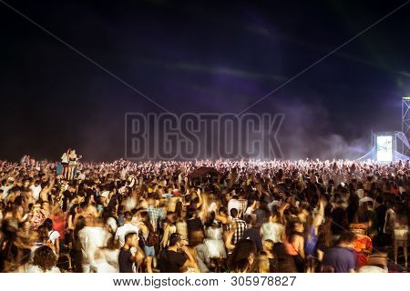Malaga, Spain - June 24, 2018. People On The Malagueta Beach On Night Of San Juan, Malaga City, Spai
