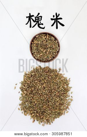 Pagoda tree flower bud herb used in chinese herbal medicine with script. Used for intestinal & haemorhoid problems and helps headaches & dizziness. Translation reads as pagoda tree. Huai hua mi.