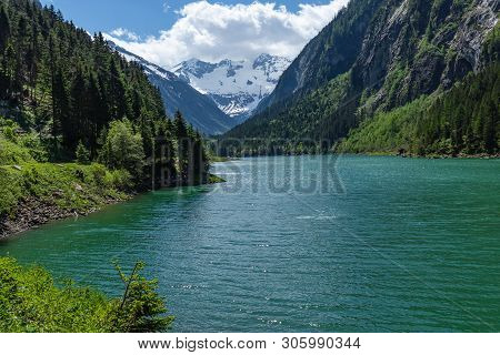 Panoramic View Of The Lake Stillup In The Alps, Zillertal Alps Nature Park, Austria, Tyrol