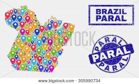 Vector Colorful Mosaic Paral State Map And Grunge Watermarks. Abstract Paral State Map Is Formed Fro
