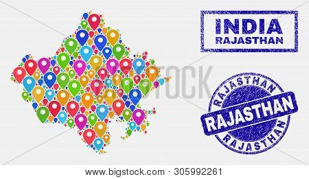 Vector Colorful Mosaic Rajasthan State Map And Grunge Seals. Abstract Rajasthan State Map Is Designe