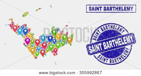 Vector Colorful Mosaic Saint Barthelemy Map And Grunge Stamp Seals. Abstract Saint Barthelemy Map Is