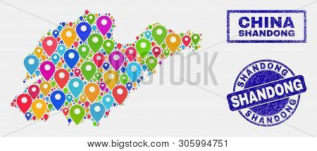 Vector Colorful Mosaic Shandong Province Map And Grunge Seals. Abstract Shandong Province Map Is Cre
