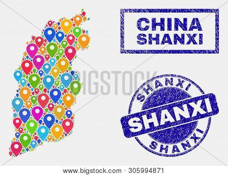 Vector Bright Mosaic Shanxi Province Map And Grunge Seals. Flat Shanxi Province Map Is Composed From