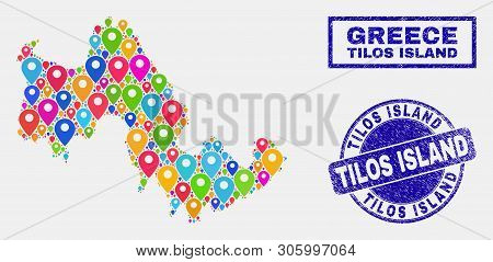 Vector Colorful Mosaic Tilos Island Map And Grunge Stamp Seals. Abstract Tilos Island Map Is Compose