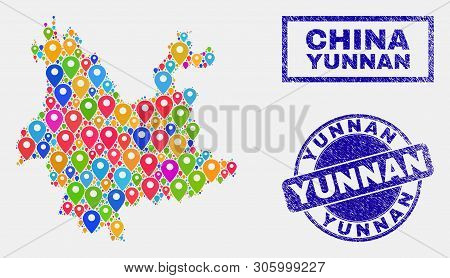 Vector Colorful Mosaic Yunnan Province Map And Grunge Stamps. Flat Yunnan Province Map Is Created Fr