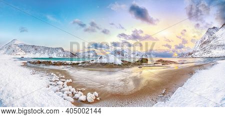 Splendid Winter Scenery With Haukland Beach During Sunset And Snowy  Mountain Peaks Near Leknes.  Lo