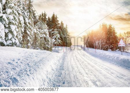 Winter Scenery With Emty Roadon Vestvagoy Island At Sunset Near Valberg .  Location: Valberg, Vestva