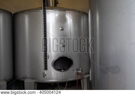 Winemaking In Oldest Wine Region In World Douro Valley In Portugal, Steel Vats, Production Of Red, W
