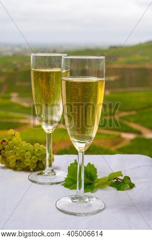 Tasting Of French Sparkling White Wine With Bubbles Champagne On Outdoor Terrace With View On Green 