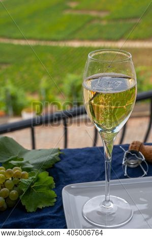 Tasting Of French Sparkling White Wine With Bubbles Champagne On Outdoor Terrace With View On Green 