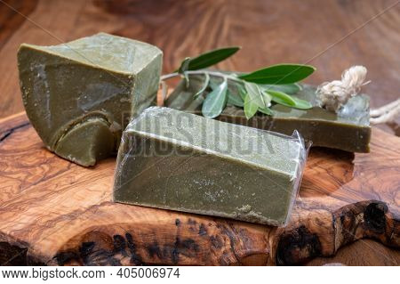 Green Blocks Of Handmade Bio Vegetal Natural Olives And Bay Leaf Soap From Provence, France