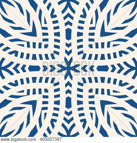 Vector Ornamental Geometric Seamless Pattern. Abstract Blue And White Floral Ornament. Elegant Backg
