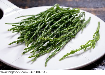 Tasty Vegetarian Sea Food, Fresh Raw Green Salicornia Or Glasswort, Pickleweed Close Up
