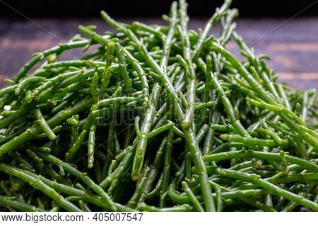 Tasty Vegetarian Sea Food, Fresh Raw Green Salicornia Or Glasswort, Pickleweed Close Up