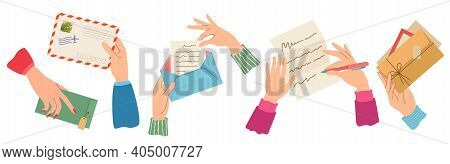 Hands Sending Letter. Female Hand Holding Envelopes With Stamps, Write And Read Paper Letters. Trend