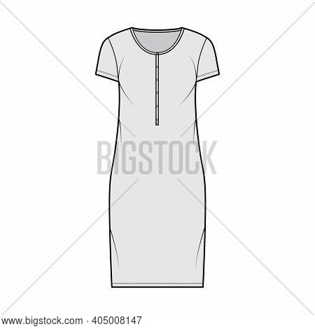 Shirt Dress Technical Fashion Illustration With Henley Neck, Short Sleeves, Knee Length, Oversized, 