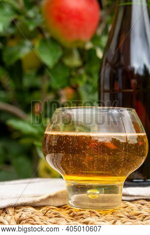 Glass Of Apple Cider From Normandy, France And Green Apple Tree With Ripe Red Fruits On Background