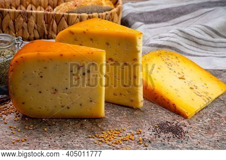 Cheese Collection, Pieces Of Hard Yellow Dutch Gouda Cheese With Dried Caraway, Mustard, Cumin, Fenu