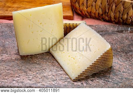 Cheese Collection, Pieces Of Hard Spanish Manchego Curado, Viejo And Iberico Cheeses