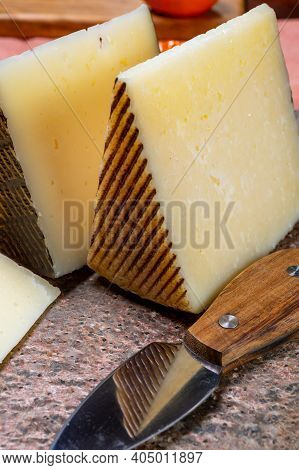 Cheese Collection, Pieces Of Hard Spanish Manchego Curado, Viejo And Iberico Cheeses
