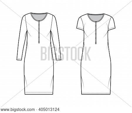 Set Of Shirt Dresses Technical Fashion Illustration With Henley Neck, Long, Short Sleeves, Knee Leng