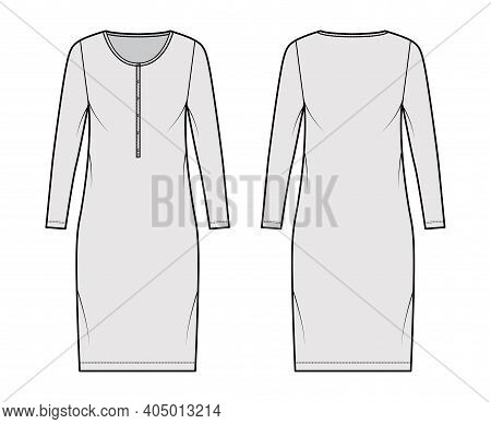 Shirt Dress Technical Fashion Illustration With Henley Neck, Long Sleeves, Knee Length, Oversized, P
