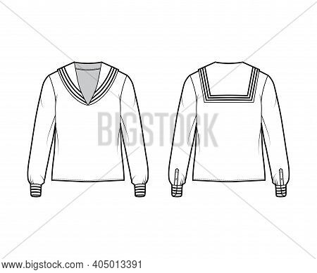 Shirt Middy Sailor Suit Technical Fashion Illustration With Long Sleeves With Cuff, Tunic Length, Ov