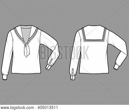 Shirt Middy Sailor Suit Technical Fashion Illustration With Bow, Long Sleeves With Cuff, Tunic Lengt